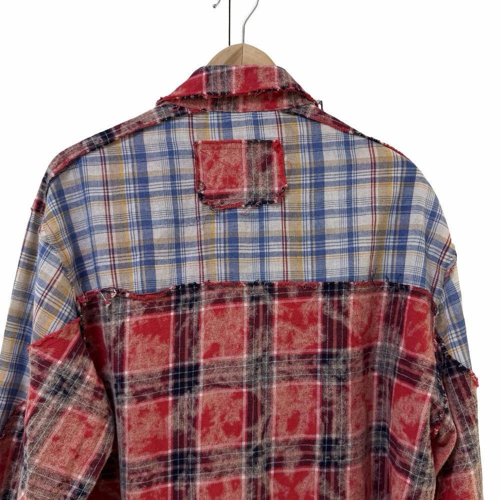 POL Womens Patchwork Flannel Plaid Button Up Shirt S Red Western Boho Raw Hem - Picture 6 of 9